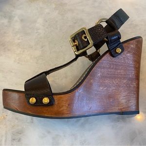 Tory Burch Leather and wood platform wedge sandals